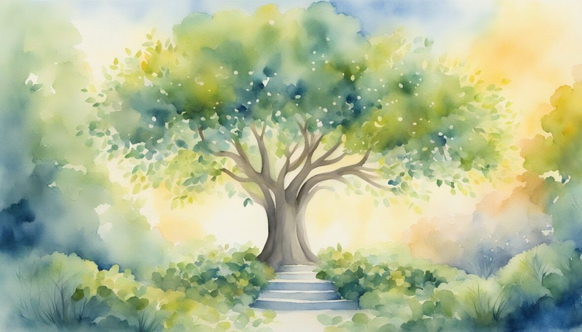 A serene garden with two trees intertwined, each bearing 230 leaves.</p></noscript><p>A radiant angel hovers above, surrounded by a halo of light