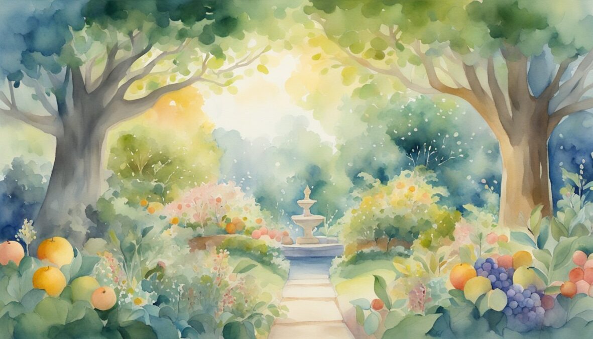 A peaceful garden with a tree bearing 239 fruits, surrounded by serene animals and a glowing, ethereal presence