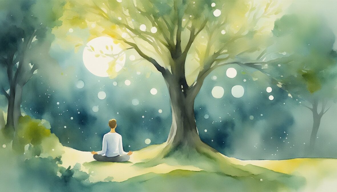 A serene figure meditates under a tree, surrounded by glowing orbs and a subtle presence of the number 239