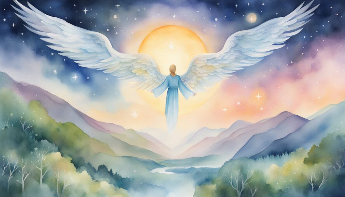 A glowing 239 angel number hovers above a serene landscape, surrounded by celestial symbols and a sense of peace and guidance