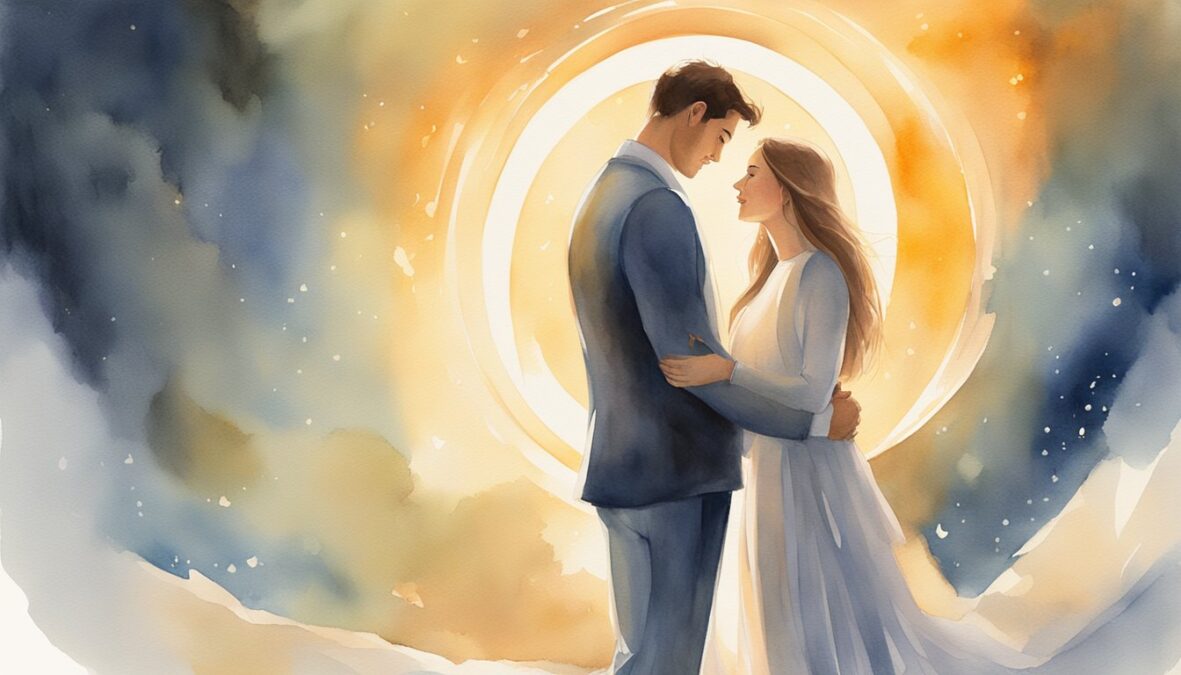 A couple stands beneath a glowing halo, surrounded by the numbers 251.</p><p>Their love radiates as they embrace, surrounded by a warm, comforting light