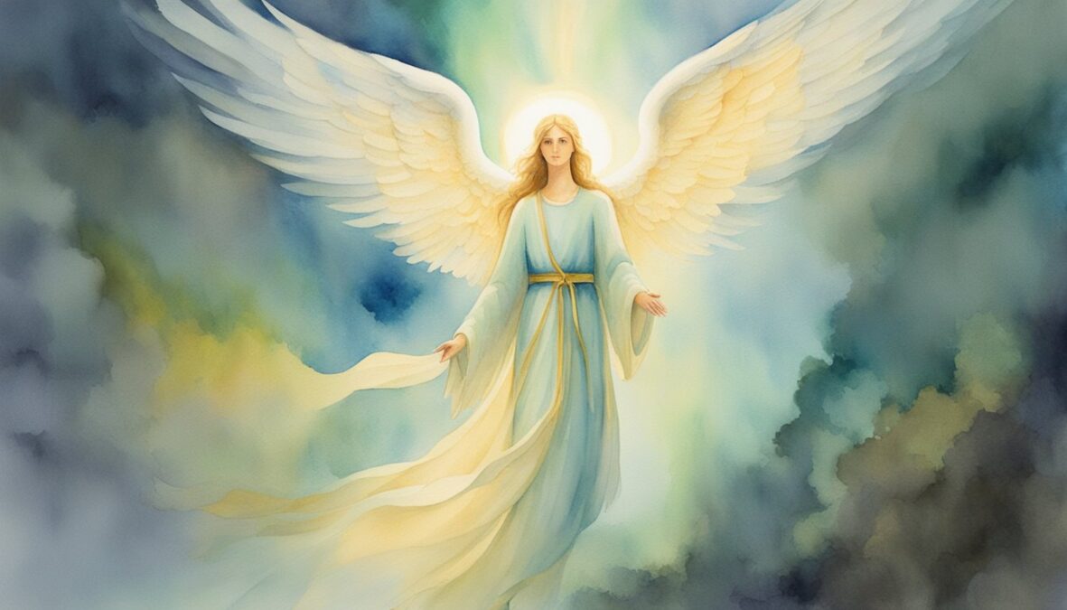 A glowing angelic figure hovers above a person, offering guidance and wisdom.</p></noscript><p>The number 254 shines brightly in the background