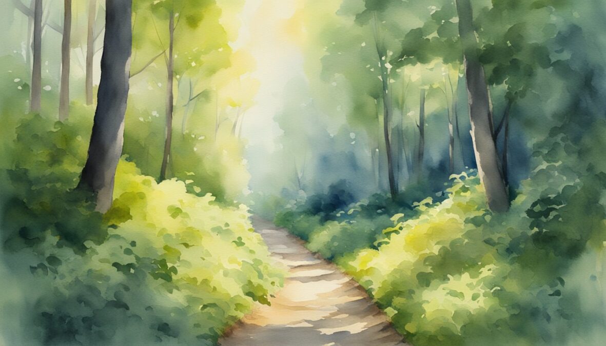 A winding path through a lush forest, with a beam of light shining down from above, illuminating the way forward