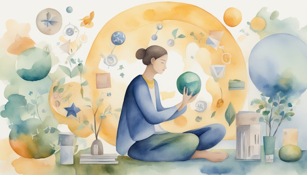 A person juggling work and personal life, surrounded by symbols of balance and harmony