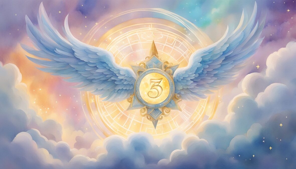 The number 258 floats above a cloud with angelic wings, surrounded by glowing halos and celestial symbols