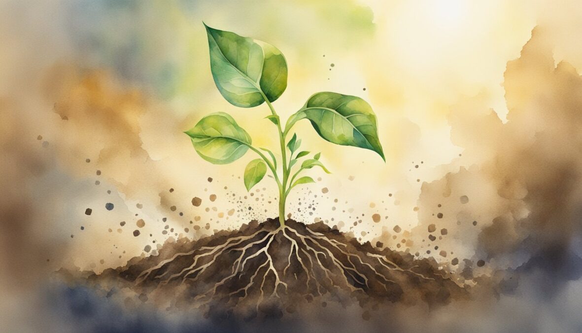 A seedling breaking through the soil, reaching towards the sunlight, surrounded by symbols of growth and opportunity