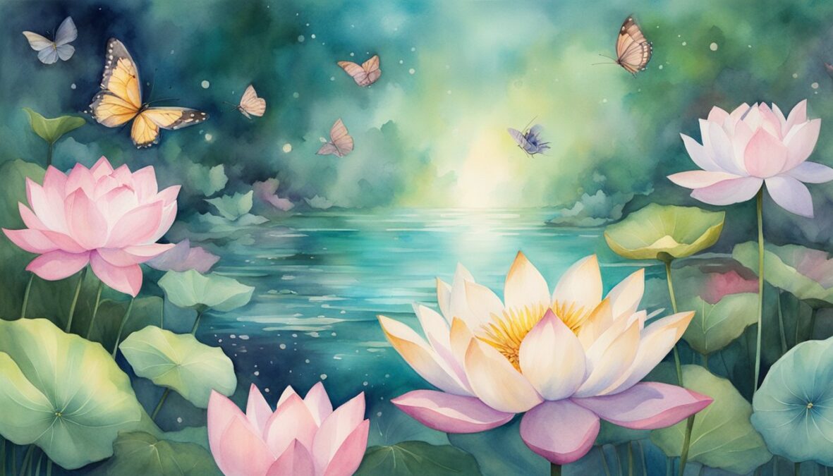 A serene garden with a blooming lotus flower and a glowing halo above it, surrounded by butterflies and hummingbirds