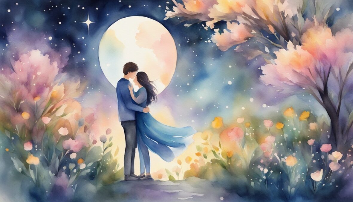 A couple embraces under a starry sky, surrounded by blooming flowers and a glowing aura, symbolizing the harmonious energy of love and relationships