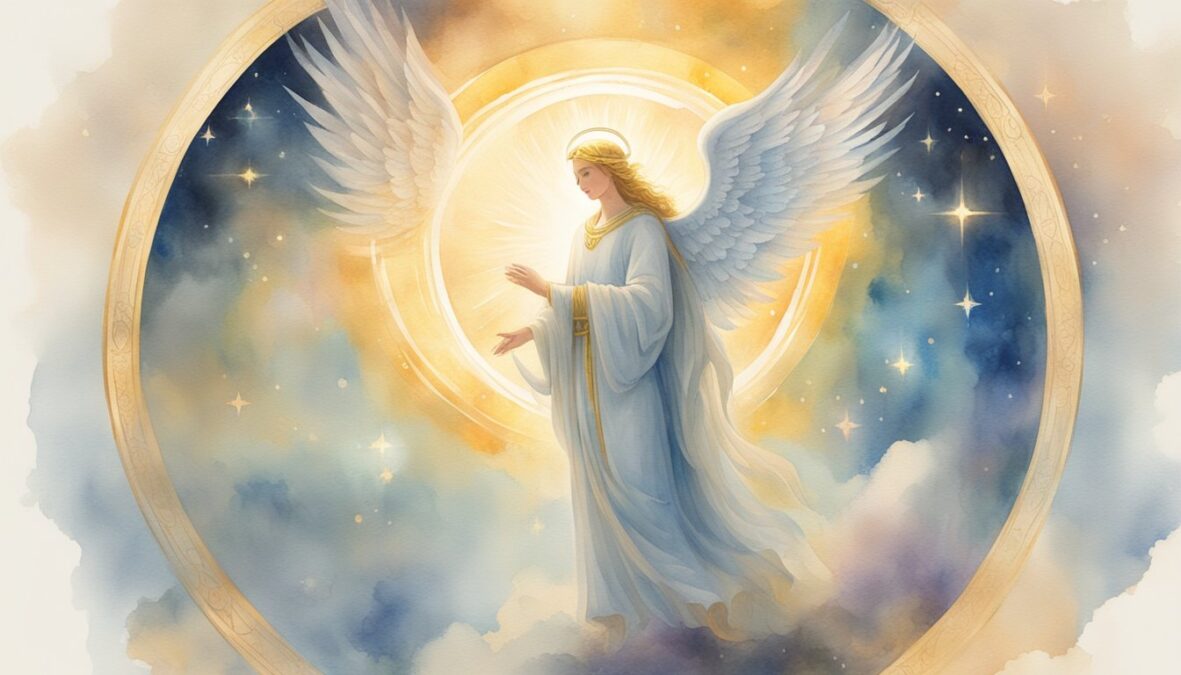 A glowing angelic figure stands before a radiant halo, surrounded by celestial symbols and a sense of divine presence