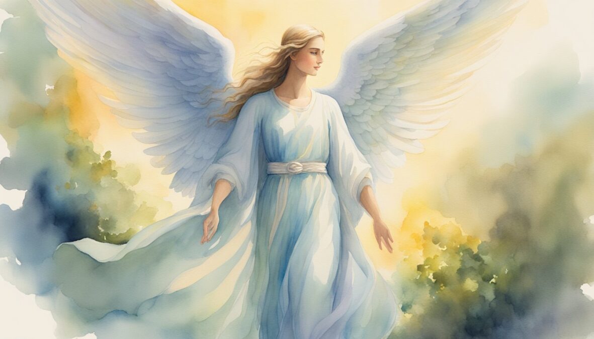 A glowing angelic figure hovers over a person, guiding them with a gentle hand towards a path of purpose and fulfillment