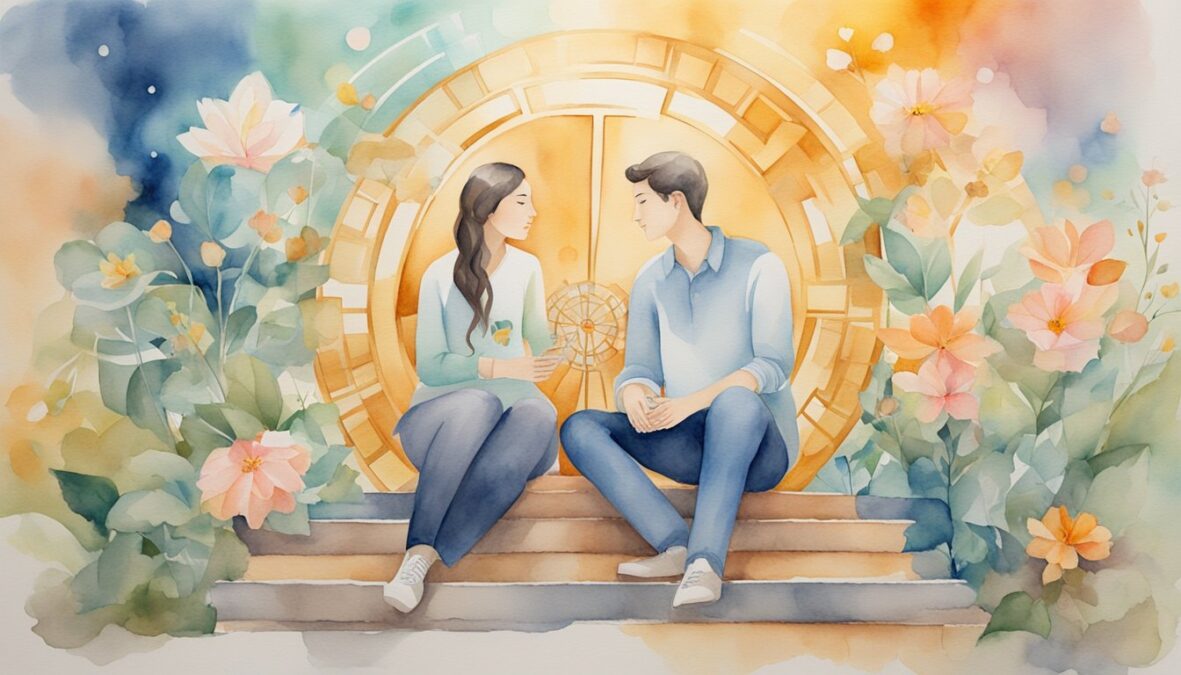 A couple sits together, surrounded by symbols of love and harmony.</p></noscript><p>The number 352 is prominently displayed, radiating positive energy