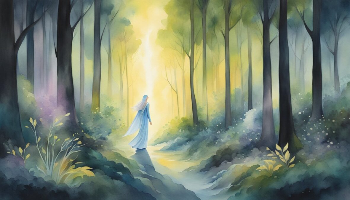 A figure walks through a dark forest, guided by glowing angelic beings, as they navigate life's challenges. 388 angel number shines brightly above