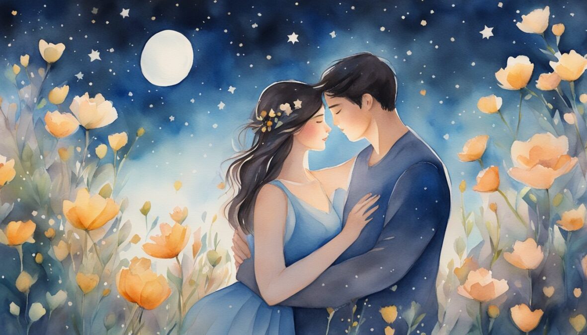 A couple embraces under a starry sky, surrounded by blooming flowers and a gentle breeze.</p></noscript><p>The number 3883 glows in the sky, symbolizing love and relationships