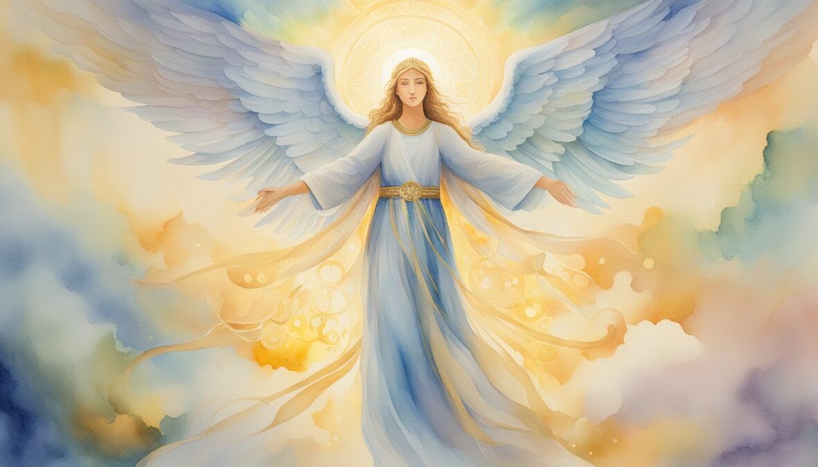 A glowing angelic figure hovers above a person, radiating light and warmth, surrounded by symbols of guidance and spiritual connection