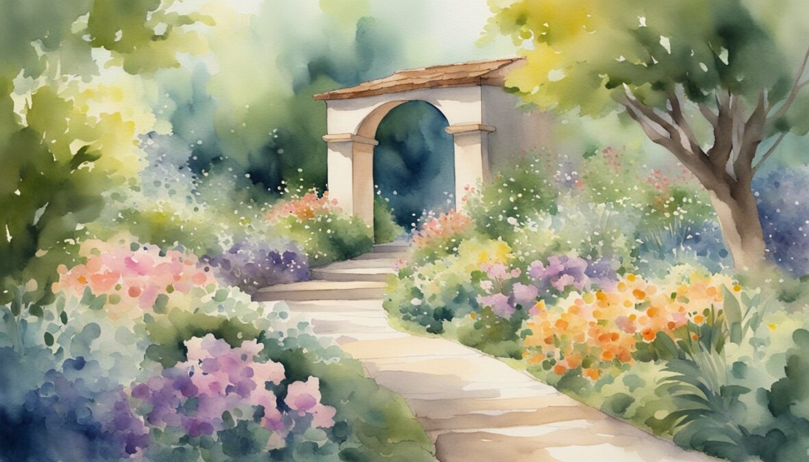 A serene garden with a path leading to a glowing doorway, surrounded by blooming flowers and a calming, peaceful atmosphere