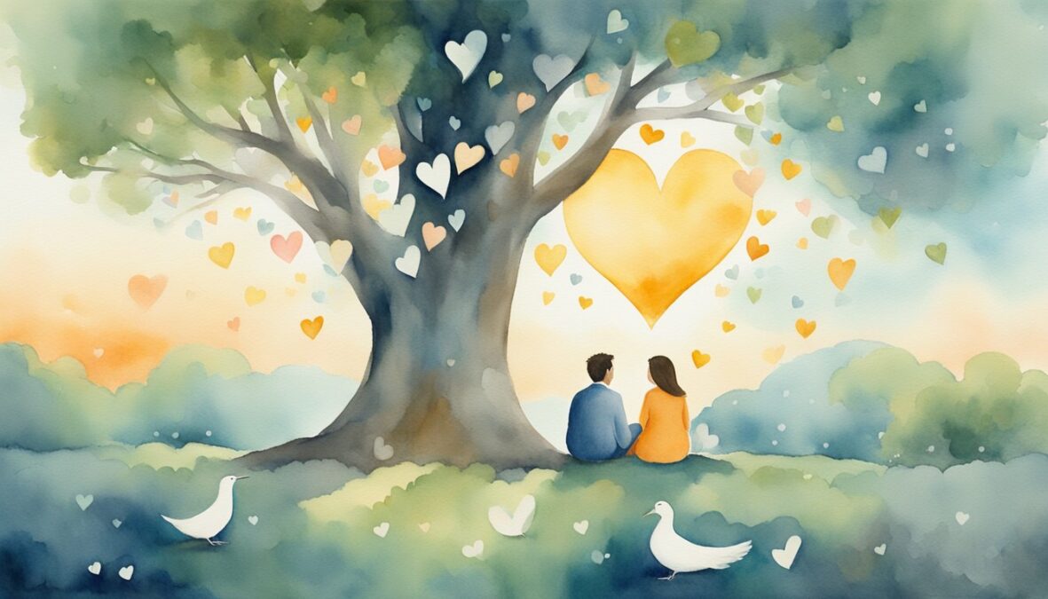 A couple sits under a tree, surrounded by floating hearts and the number 429.</p></noscript><p>The angelic presence influences their love and relationship