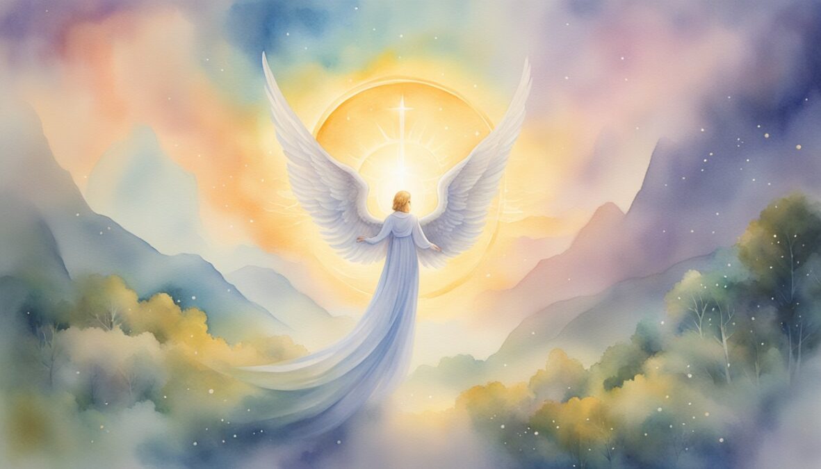 A glowing 430 angel number hovers above a serene landscape, surrounded by celestial beings and radiant light