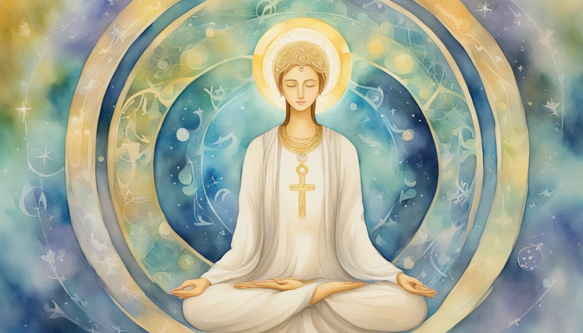 A serene figure meditates under a glowing 4321 angel number, surrounded by symbols of spiritual wisdom and connection