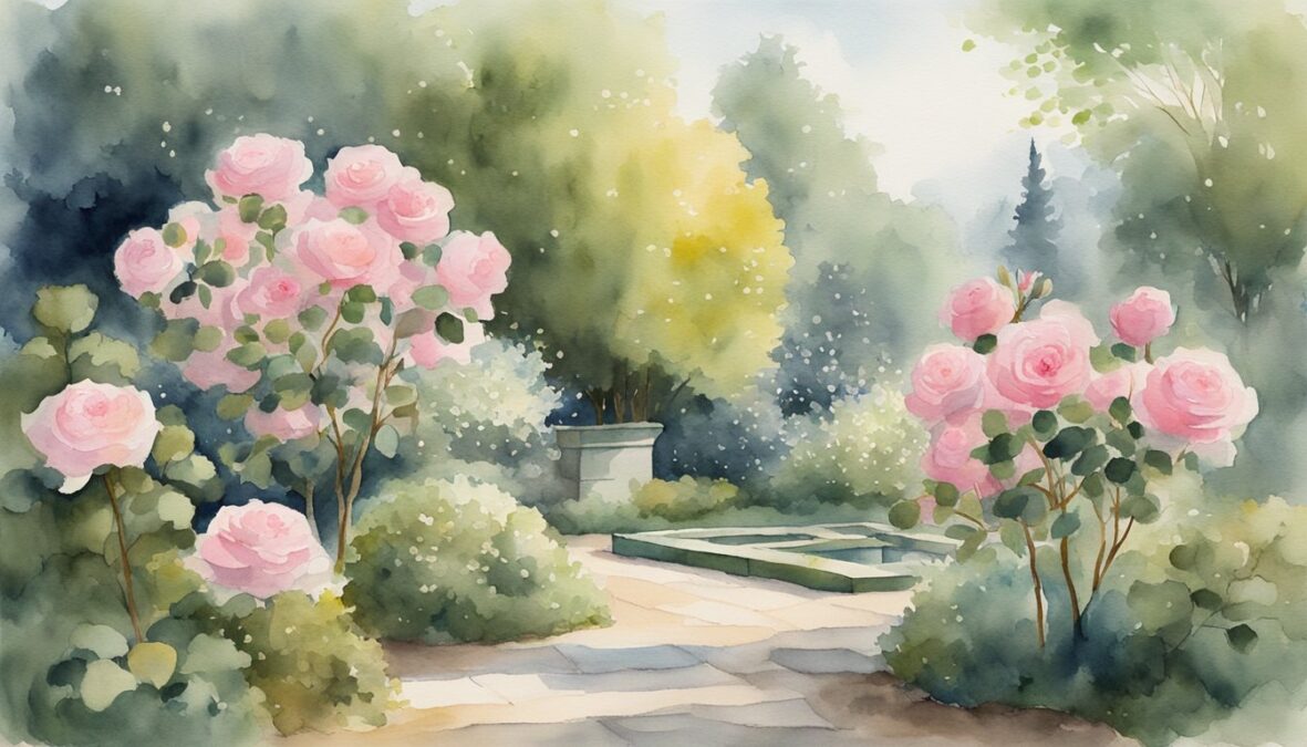 A serene garden with three blooming roses, surrounded by 4 trees, and a prominent number 435 engraved on a stone