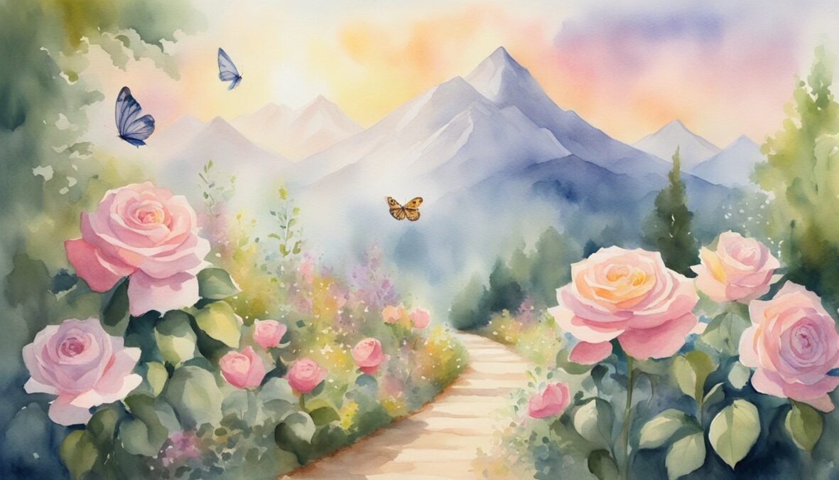 A garden with 4 blooming roses, 3 butterflies, and 7 rays of sunlight shining down on a path leading to a mountain peak