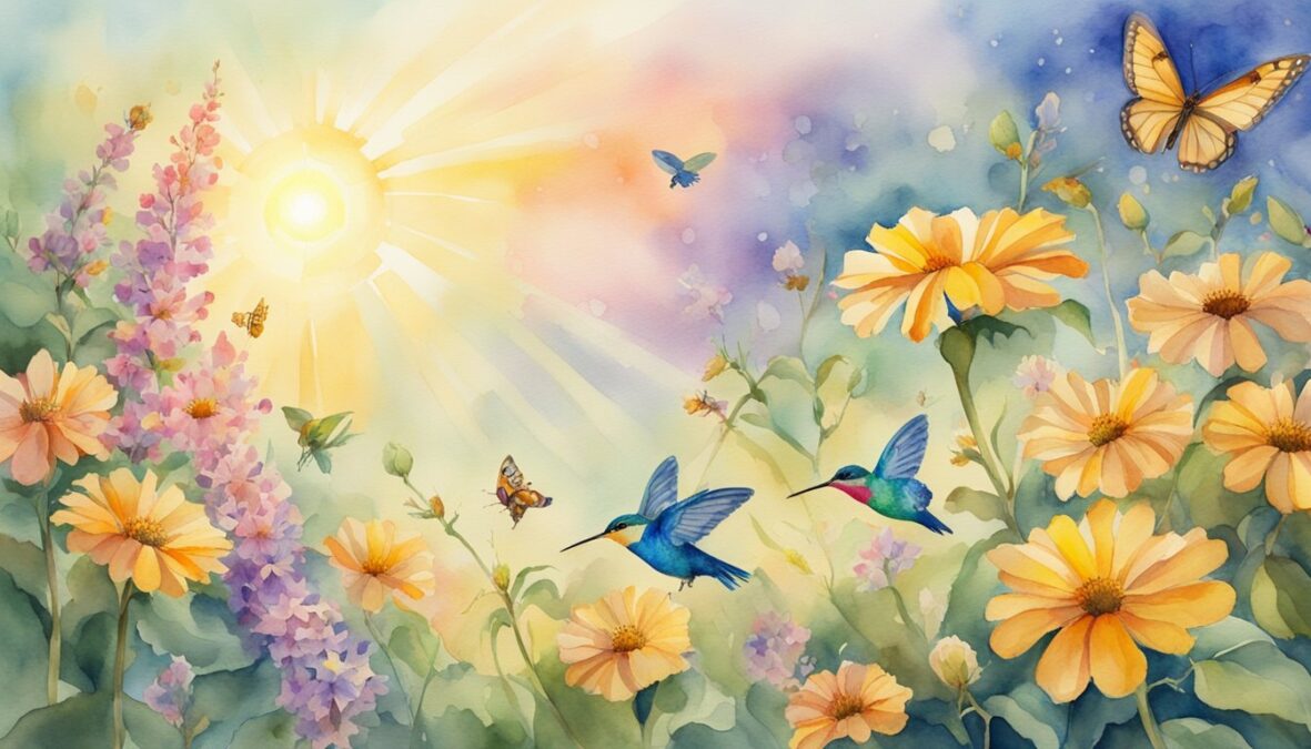 A radiant garden with blooming flowers and a shining sun, surrounded by butterflies and hummingbirds.</p></noscript><p>The number 453 appears in the sky in glowing golden light