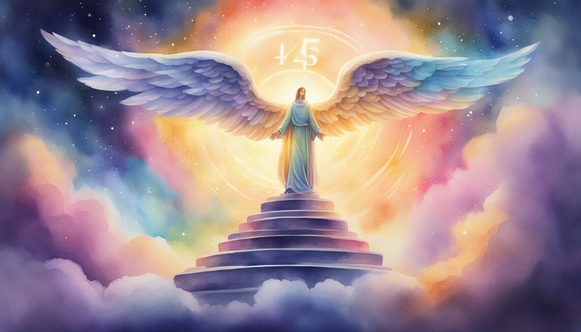 A glowing 453 angel number hovering above a stack of frequently asked questions in a cosmic background