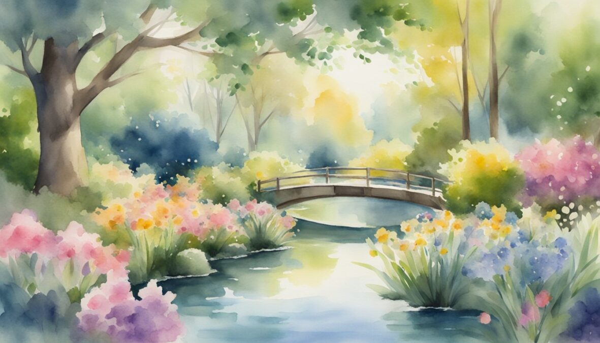 A serene garden with blooming flowers, a tranquil pond, and sunlight filtering through the trees, symbolizing growth and harmony influenced by 4664 angel number