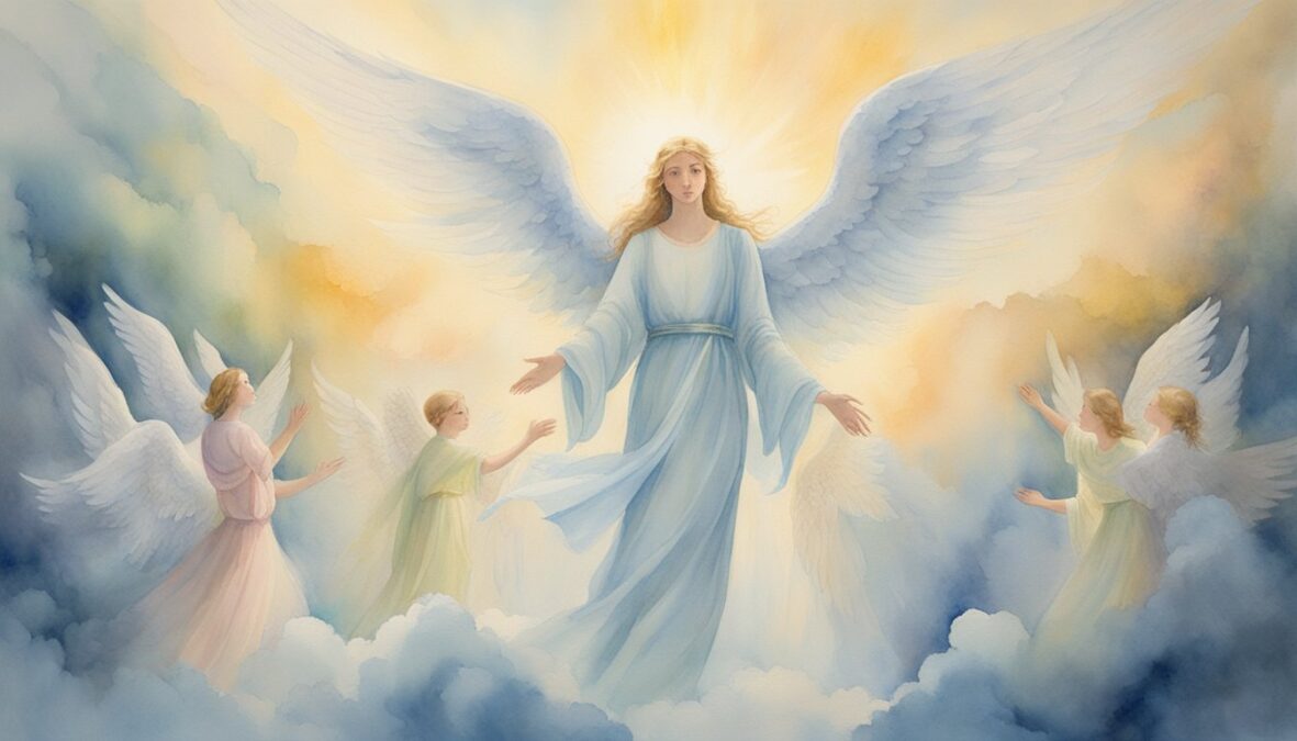 A figure stands in a beam of light, surrounded by ethereal beings with wings.</p></noscript><p>The figure reaches out towards the angels, their presence emanating peace and protection