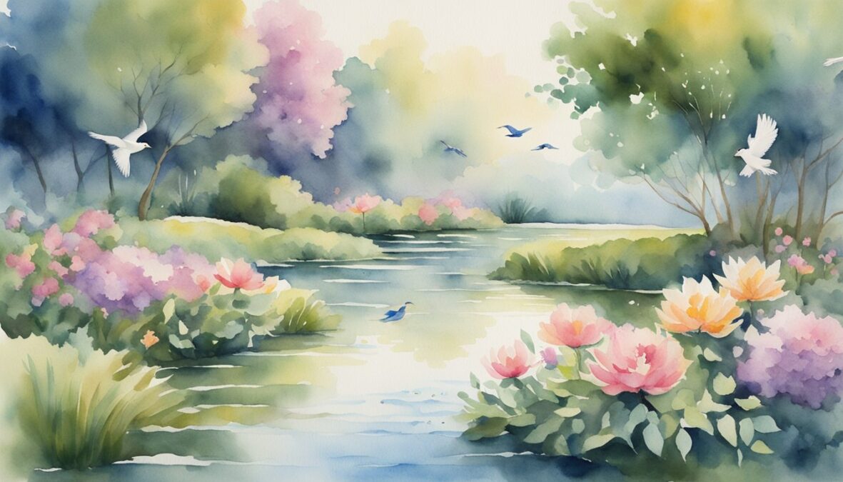 A serene garden with 50 blooming flowers, 5 birds flying above, and a gentle breeze creating ripples on a pond