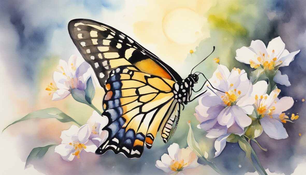 A butterfly emerging from a chrysalis, surrounded by blooming flowers and a shining sun