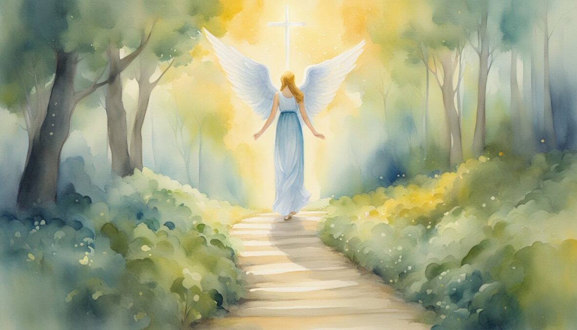 A glowing angelic figure hovers above a path, pointing towards a series of numbered steps leading towards a bright, hopeful future