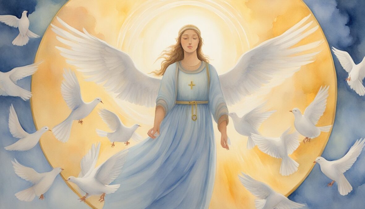 A serene figure stands beneath a glowing halo, surrounded by four doves in flight.</p></noscript><p>The number 524 is prominently displayed, radiating a sense of peace and divine guidance