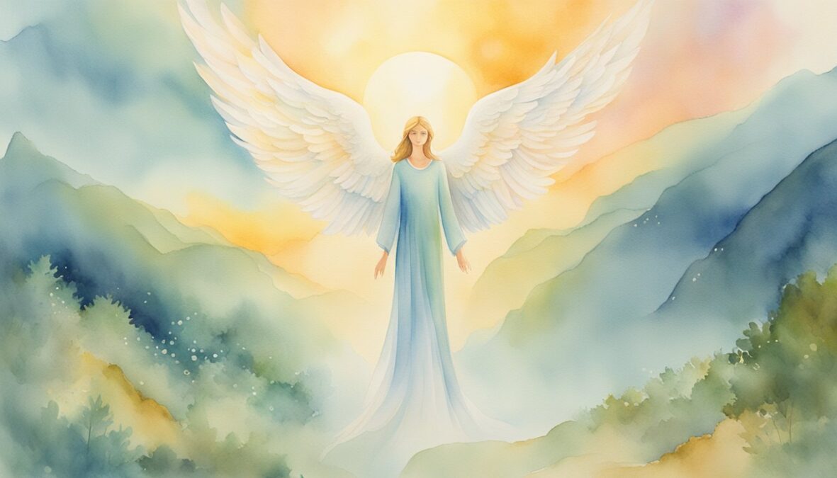 A glowing 528 angel number hovers above a serene landscape, surrounded by ethereal light and a sense of divine presence