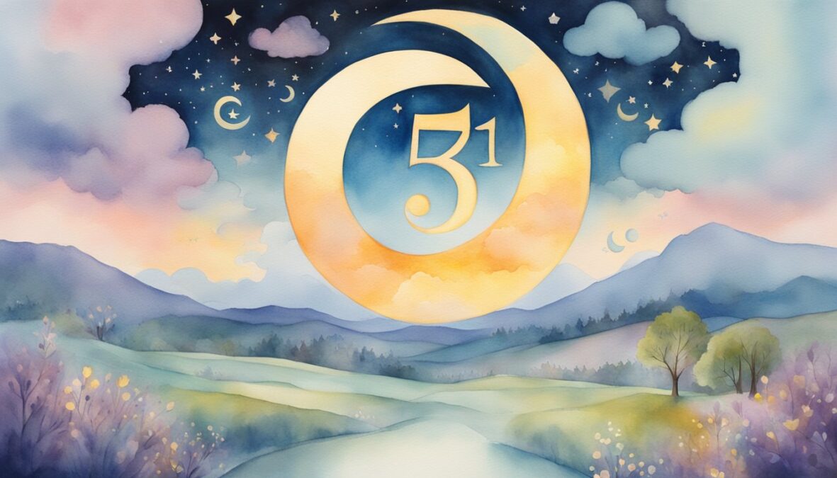A glowing number 531 hovers above a serene landscape, surrounded by celestial symbols and angelic figures