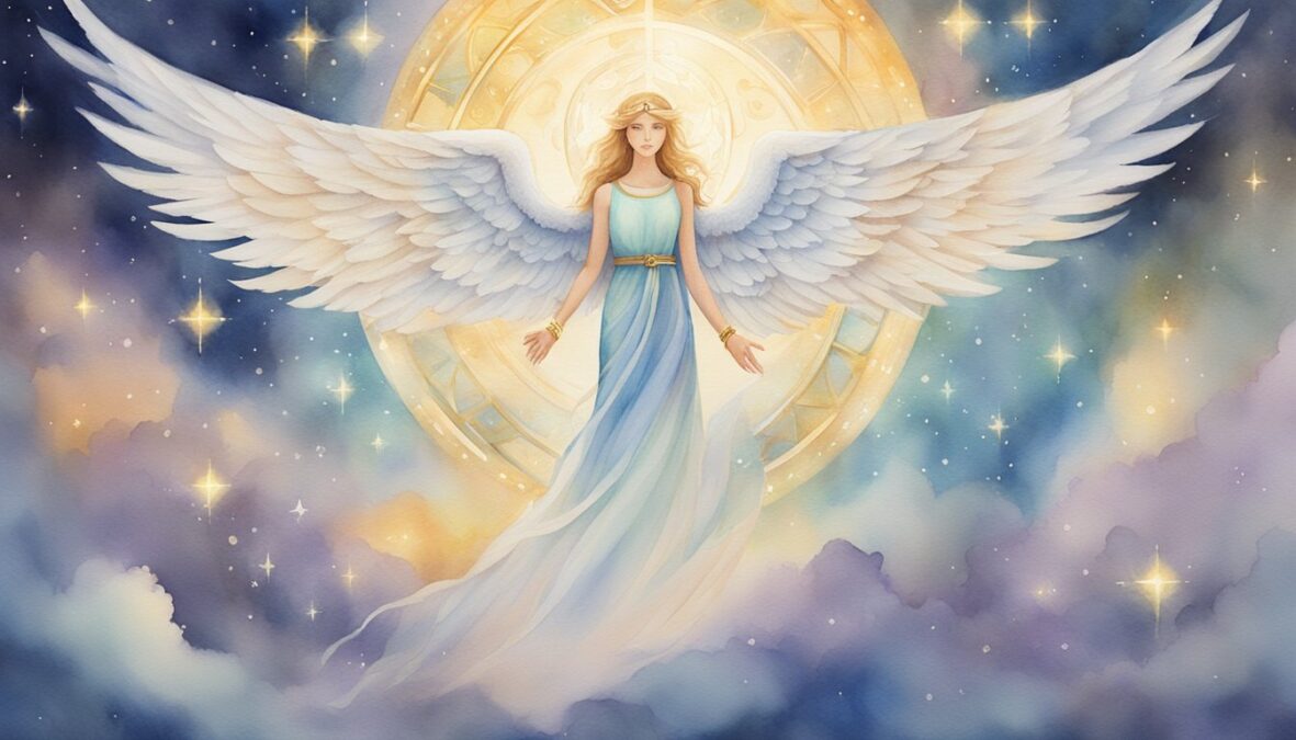 5566 angel number surrounded by glowing celestial symbols and ethereal light, with a sense of guidance and reassurance emanating from the numbers
