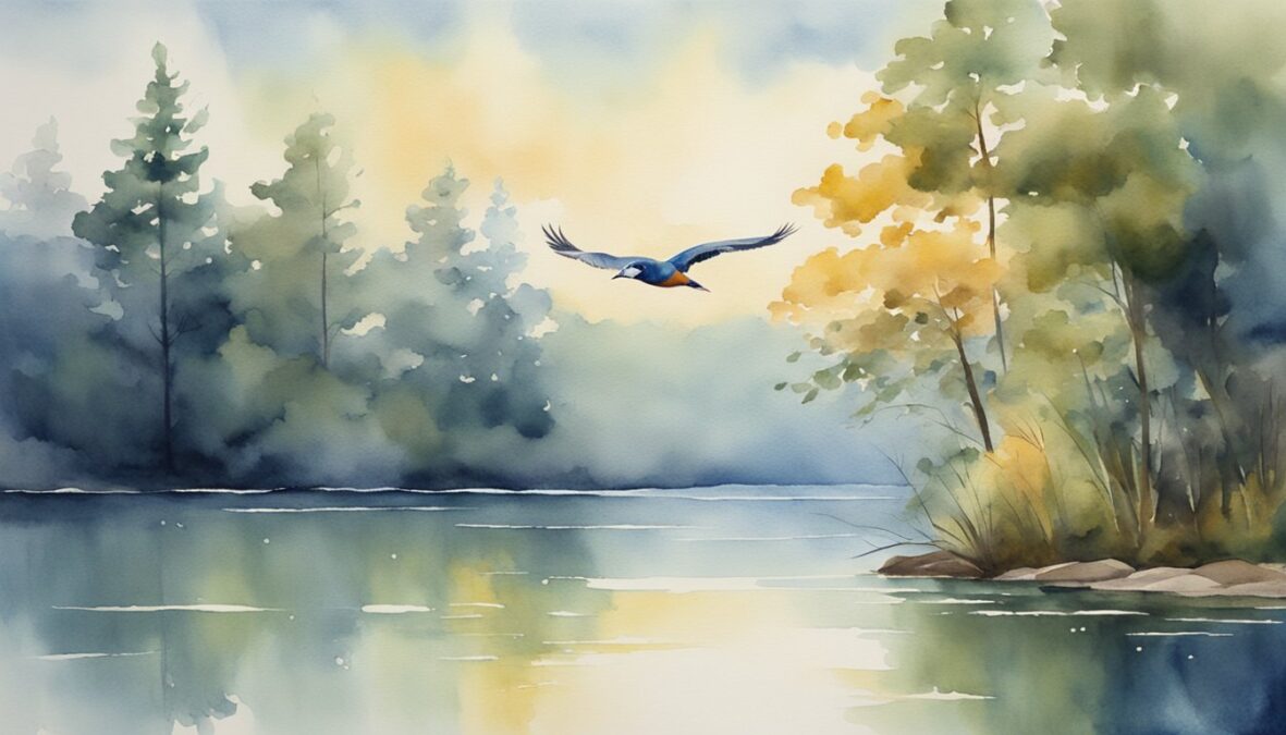 A serene lake reflects the sky, while a bird in flight represents the action of movement