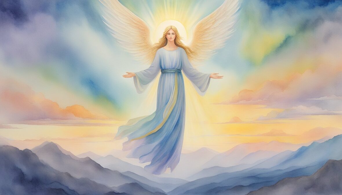 A radiant angelic figure hovers above a serene landscape, emanating a sense of peace and divine guidance.</p><p>The number 585 glows brightly, symbolizing spiritual and life impacts
