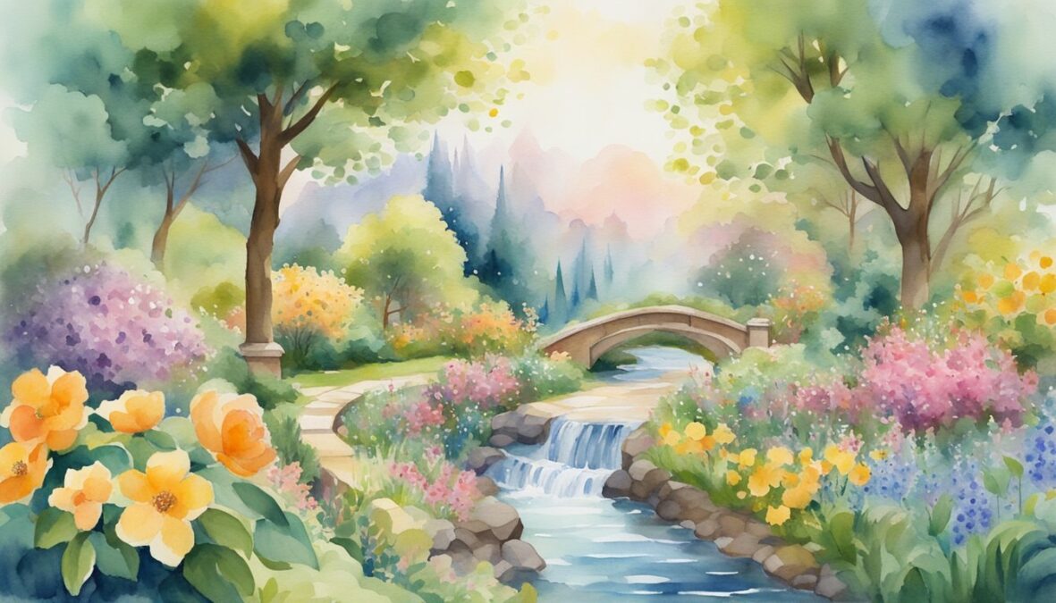 A lush garden with blooming flowers, overflowing fruit trees, and a flowing stream, surrounded by symbols of prosperity and achievement