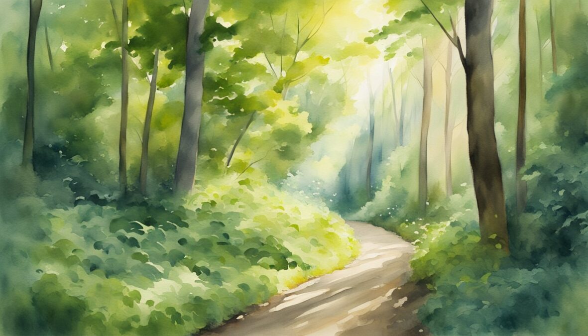 A winding path leads through a lush forest, with rays of sunlight breaking through the trees.</p></noscript><p>A glowing number 602 hovers above, surrounded by a sense of guidance and potential
