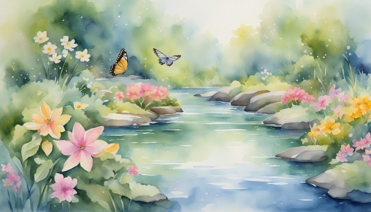 A serene garden with blooming flowers and fluttering butterflies, surrounded by gentle flowing water and harmonious bird songs