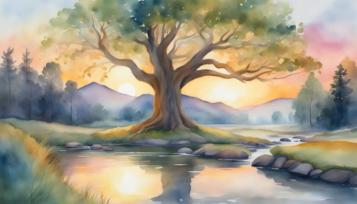 A serene landscape with a glowing sunrise, a tranquil stream, and a majestic tree, symbolizing spiritual growth and the interconnectedness of all life
