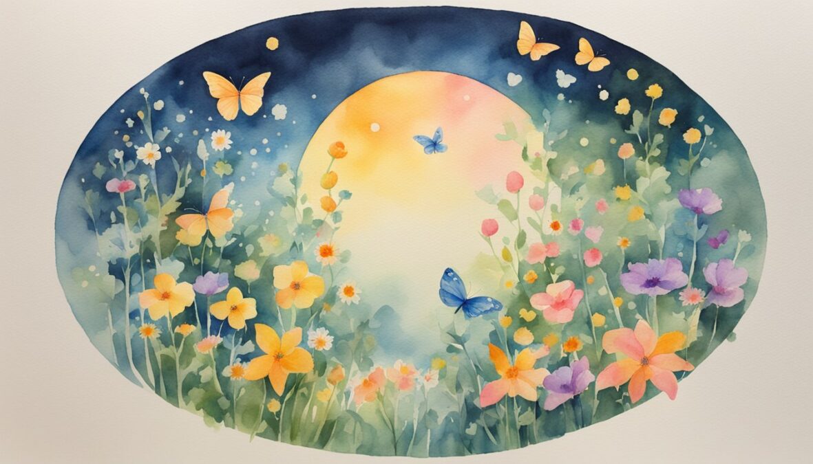 The scene shows a peaceful garden with six vibrant flowers and two butterflies, surrounded by a circular arrangement of 20 glowing stars