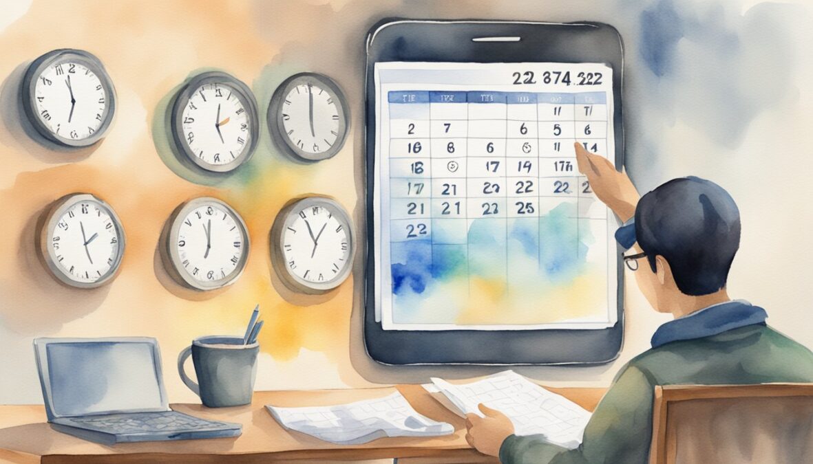 A person using a smartphone to check the time and seeing 6:26, while a calendar on the wall shows the date as the 22nd