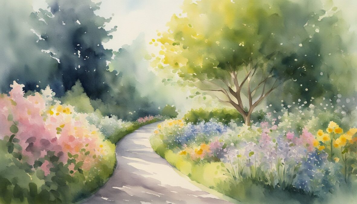 A beam of light shines down onto a peaceful garden, illuminating a path lined with blooming flowers and leading towards a glowing number 627 hovering in the air
