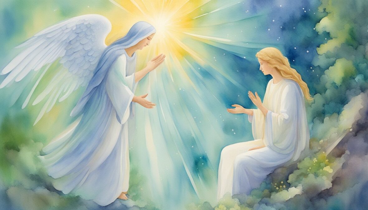 A person receiving guidance from a guardian angel, surrounded by positive energy and inspiration
