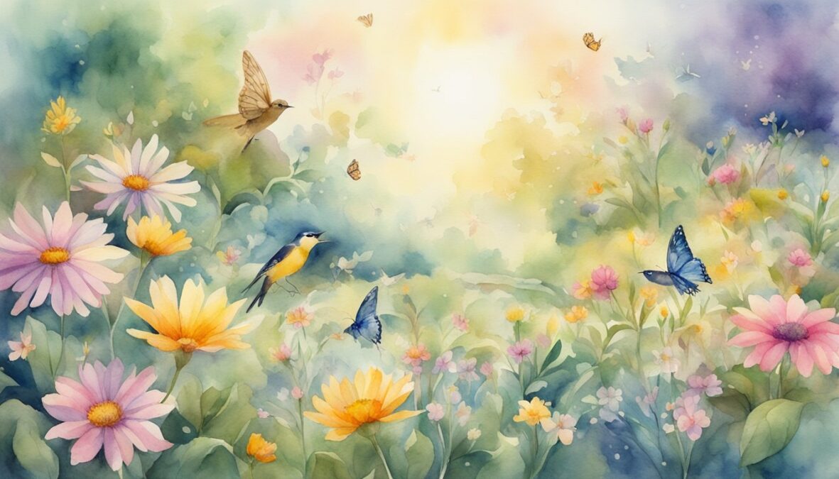 A serene garden with blooming flowers and a radiant sun, surrounded by gentle butterflies and birds in flight
