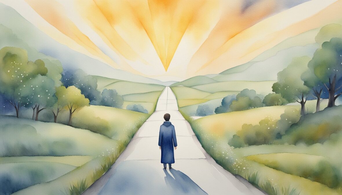 A figure stands in front of a crossroads, one path leading to chaos and the other to peace.</p></noscript><p>The number 65 hovers above, radiating a sense of balance and harmony