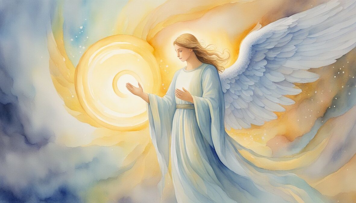 A bright, glowing angelic figure hovers above a person, gently guiding them with a warm and comforting presence.</p></noscript><p>The number 65 shines brightly in the background, symbolizing practical guidance and support