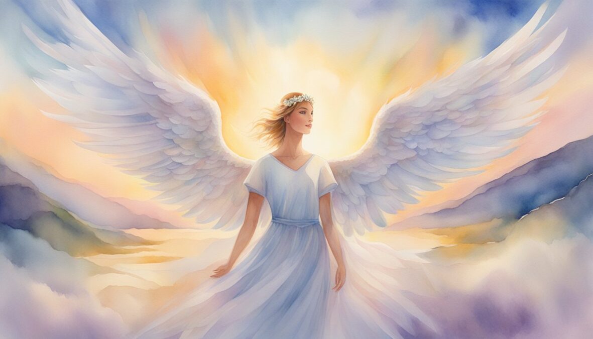 A glowing 659 angel number hovers above a serene landscape, surrounded by soft rays of light and gentle, floating feathers