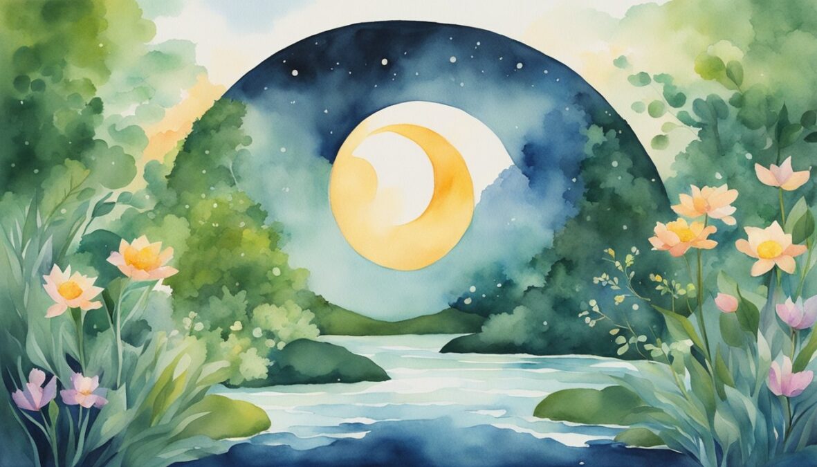A serene garden with a yin-yang symbol at its center, surrounded by flowing water and lush greenery.</p></noscript><p>The sun and moon are both visible in the sky, creating a sense of balance and harmony
